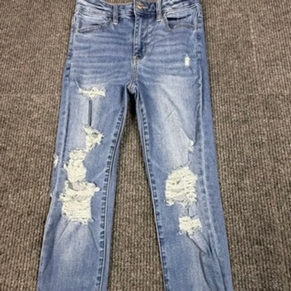 American Eagle Super Hi-Rise Jegging Womens 4 Blue Distressed Next Level Stretch